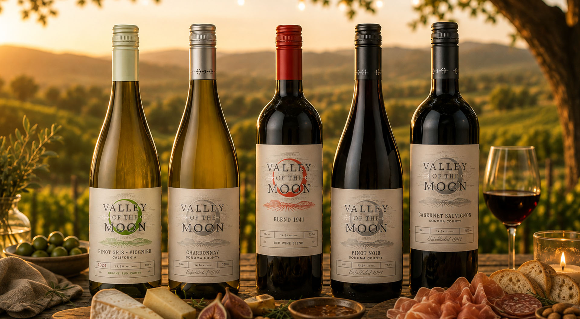 Valley of the Moon Family shot of wines in a vineyard