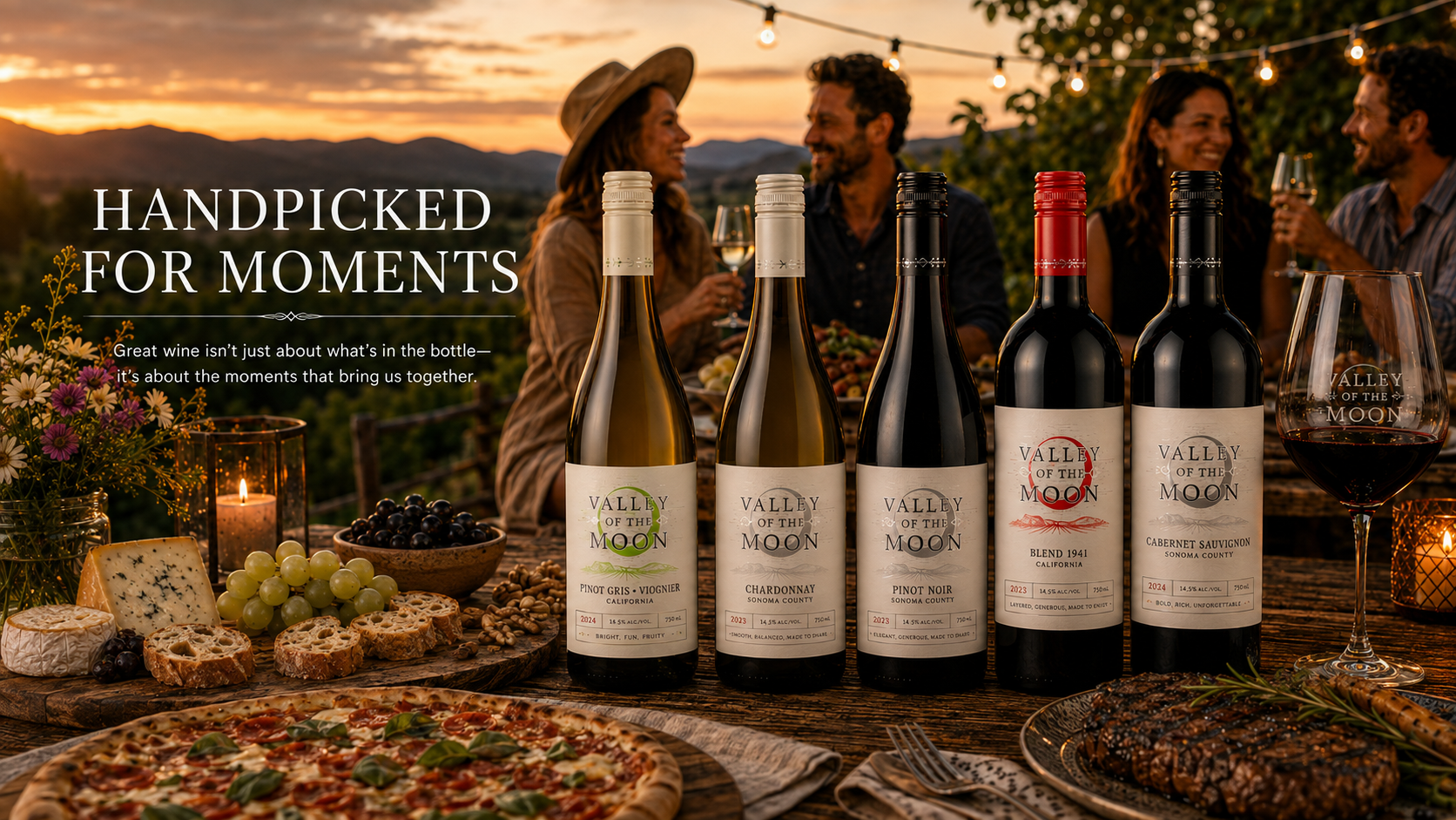 Handpicked for Moments. Sunset table setting with all the Valley of the Moon wines with people enjoying in the background
