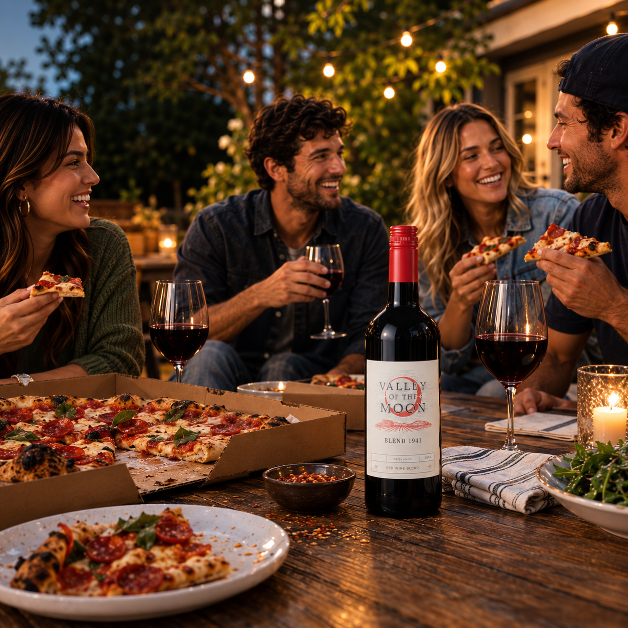 Pizza Moment Pizza Night Moment photo. people enjoying pizza outdoors in the evening with 1941 Red blend
