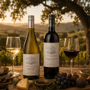 VOM-CH_CS-table-setting Outdoor vineyard table setting at sunset with Valley of the Moon chardonnay and cabernet sauvignon