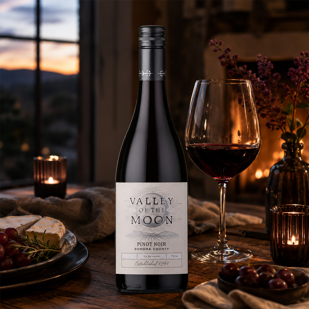 Valley of the Moon Pinot Noir table setting indoors, evening